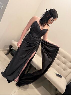 Black Strapless Ruched Evening Gown with Side Slit